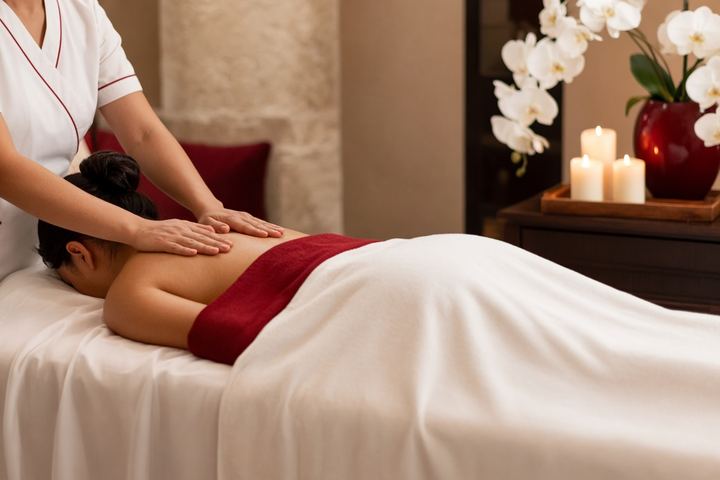Full body massage in Business Bay – massage table with towels and candles at Aveline Thai Spa