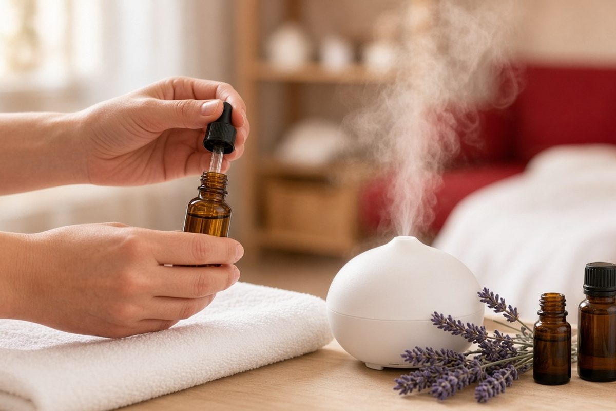 Aromatherapy massage in Business Bay – essential oils, diffuser and leaves at Aveline Thai Spa