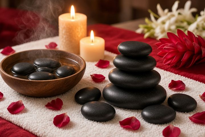 Hot stone massage in Business Bay – warm basalt massage stones and frangipani at Aveline Thai Spa