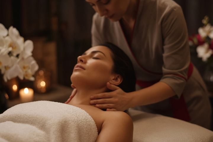 Relaxing massage in Business Bay – candles, towels and frangipani in a calm treatment room at Aveline Thai Spa